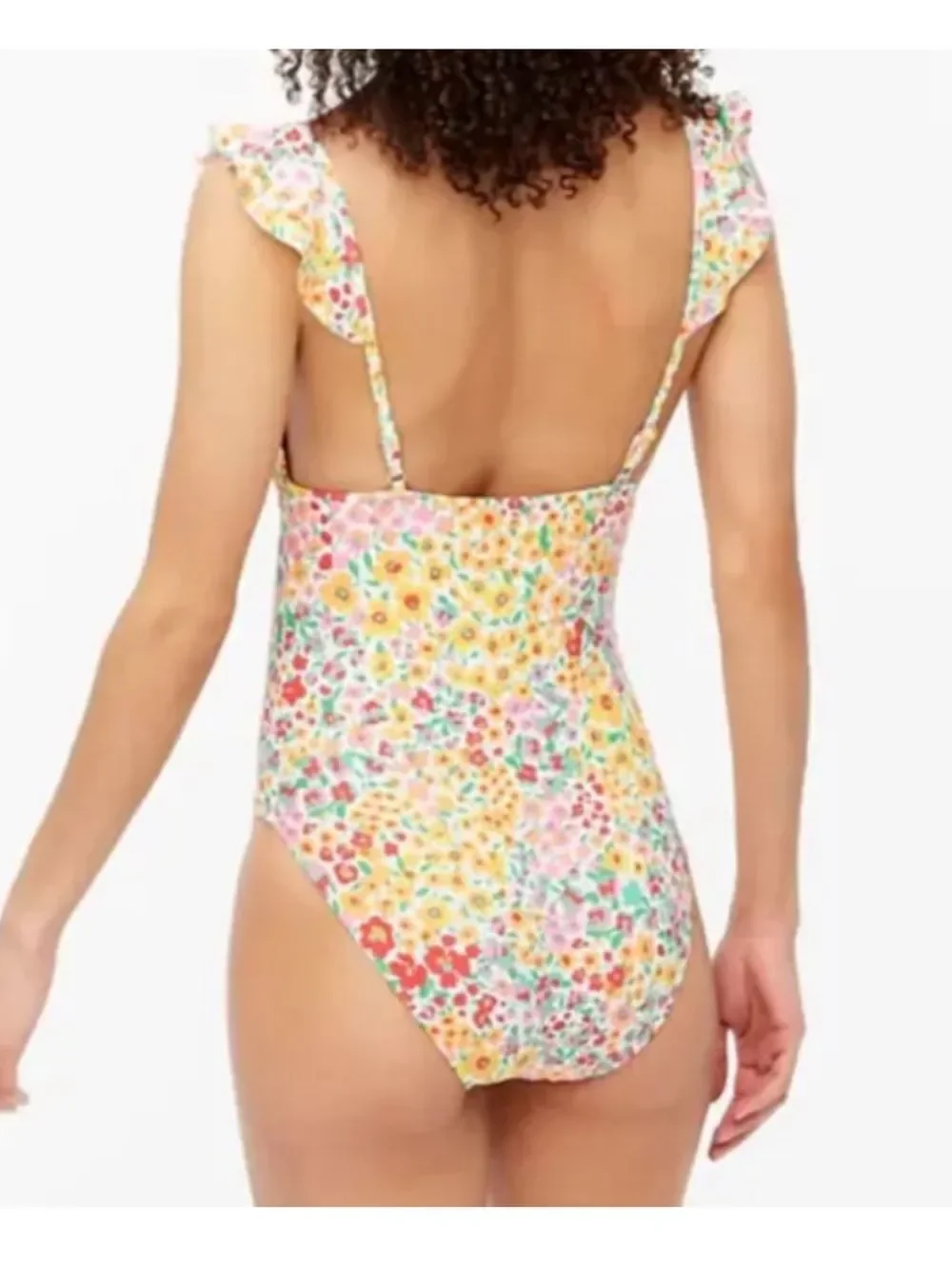J. Crew Factory Floral Ruffle Shoulder V Neck One Piece Swimsuit Size XL